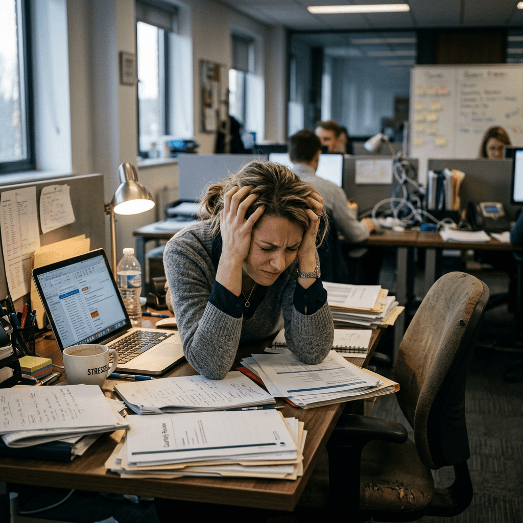 Woman holding head in hands overwhelmed by paperwork at office desk